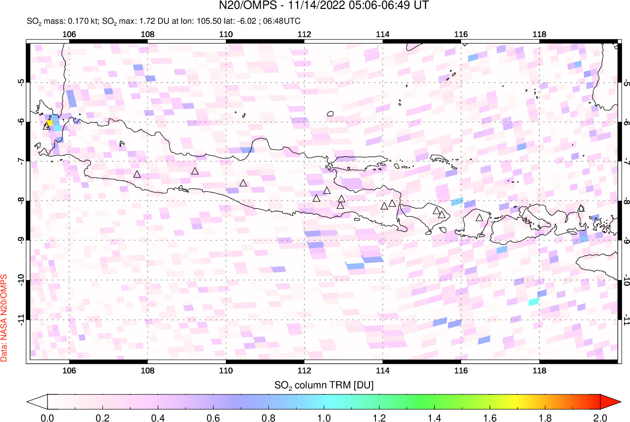 A sulfur dioxide image over Java, Indonesia on Nov 14, 2022.