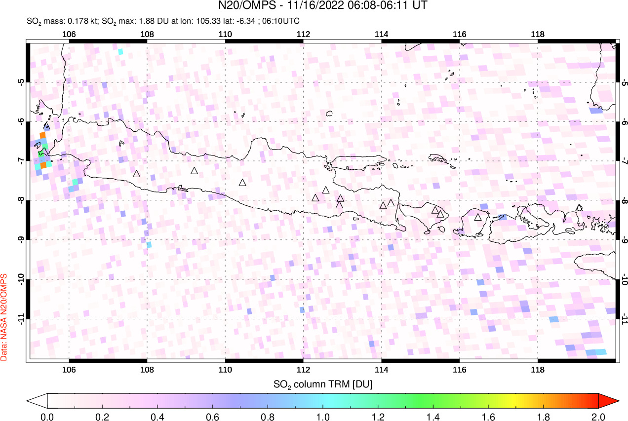 A sulfur dioxide image over Java, Indonesia on Nov 16, 2022.