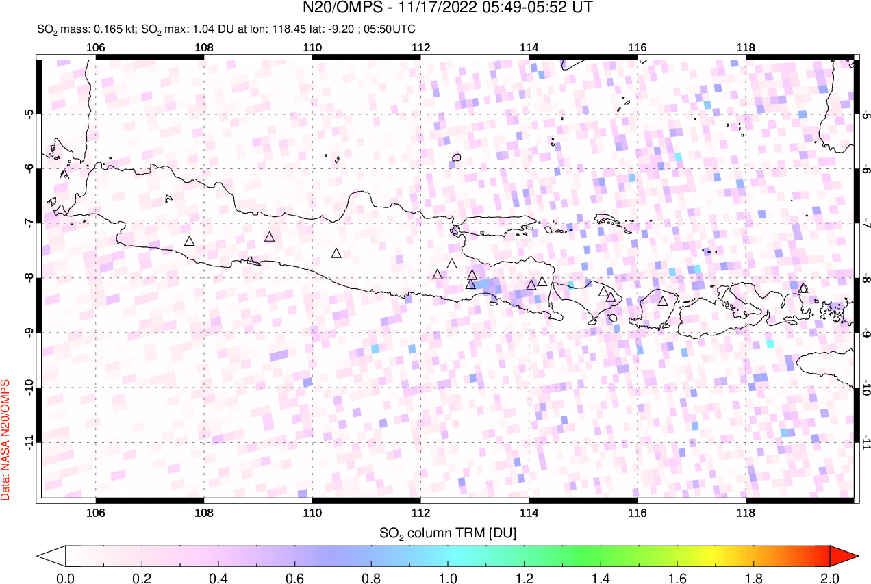 A sulfur dioxide image over Java, Indonesia on Nov 17, 2022.