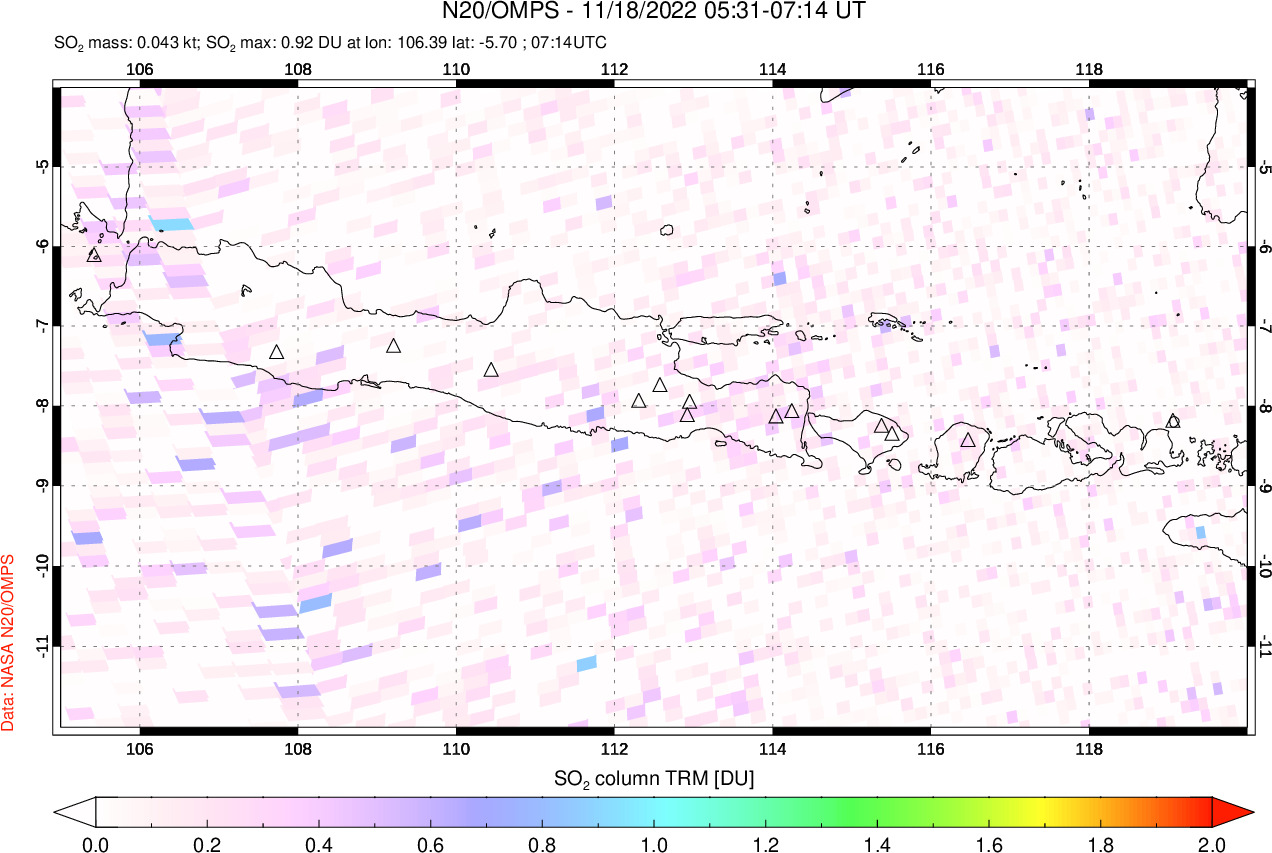 A sulfur dioxide image over Java, Indonesia on Nov 18, 2022.