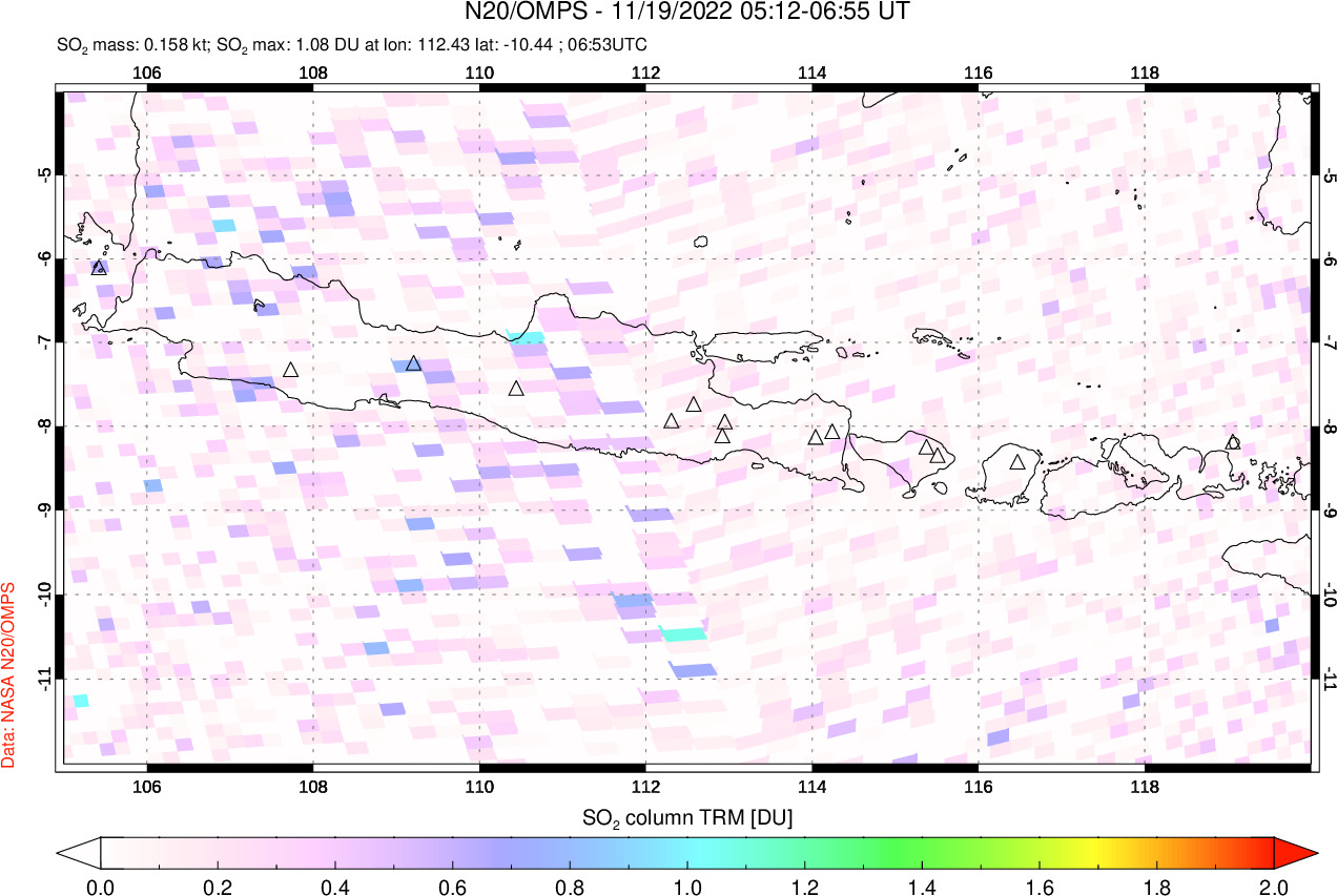A sulfur dioxide image over Java, Indonesia on Nov 19, 2022.