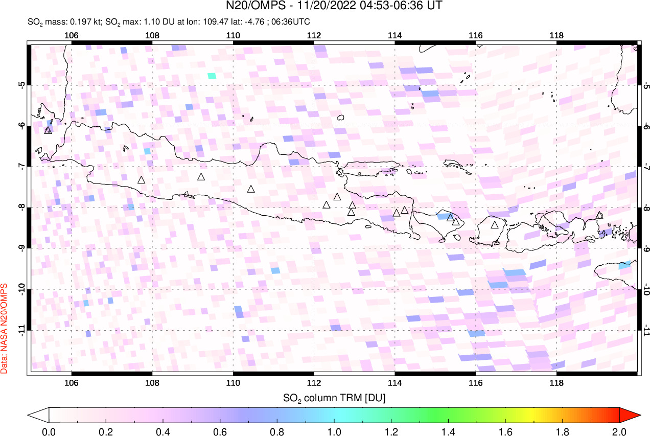 A sulfur dioxide image over Java, Indonesia on Nov 20, 2022.