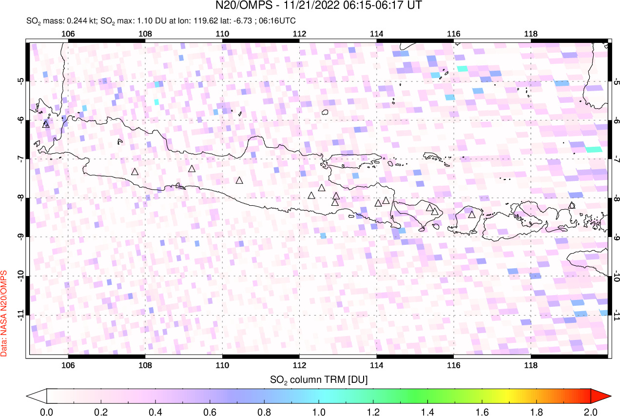 A sulfur dioxide image over Java, Indonesia on Nov 21, 2022.