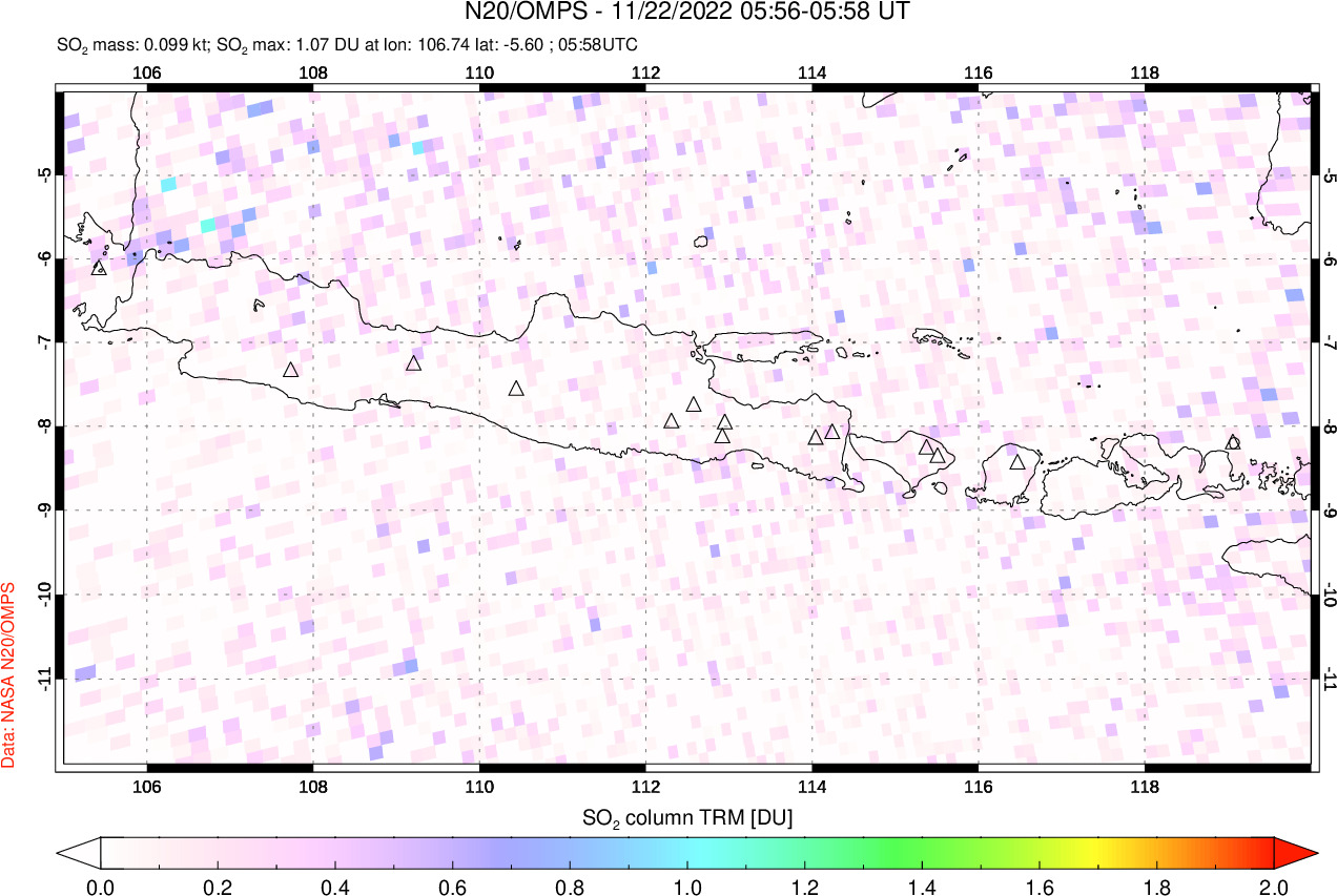 A sulfur dioxide image over Java, Indonesia on Nov 22, 2022.