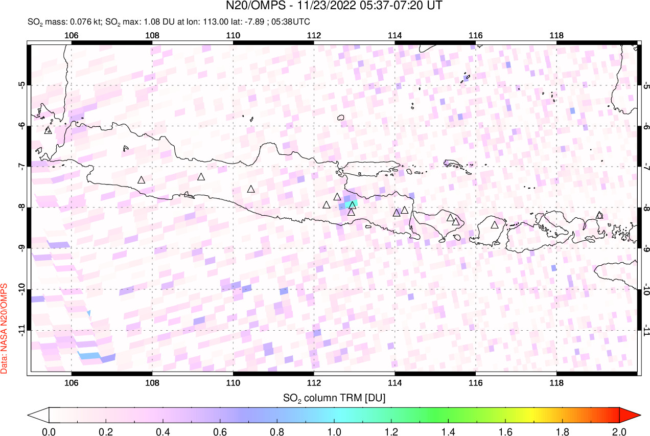 A sulfur dioxide image over Java, Indonesia on Nov 23, 2022.