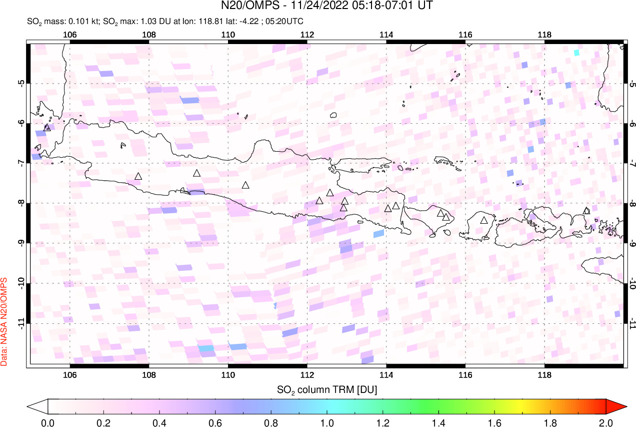 A sulfur dioxide image over Java, Indonesia on Nov 24, 2022.
