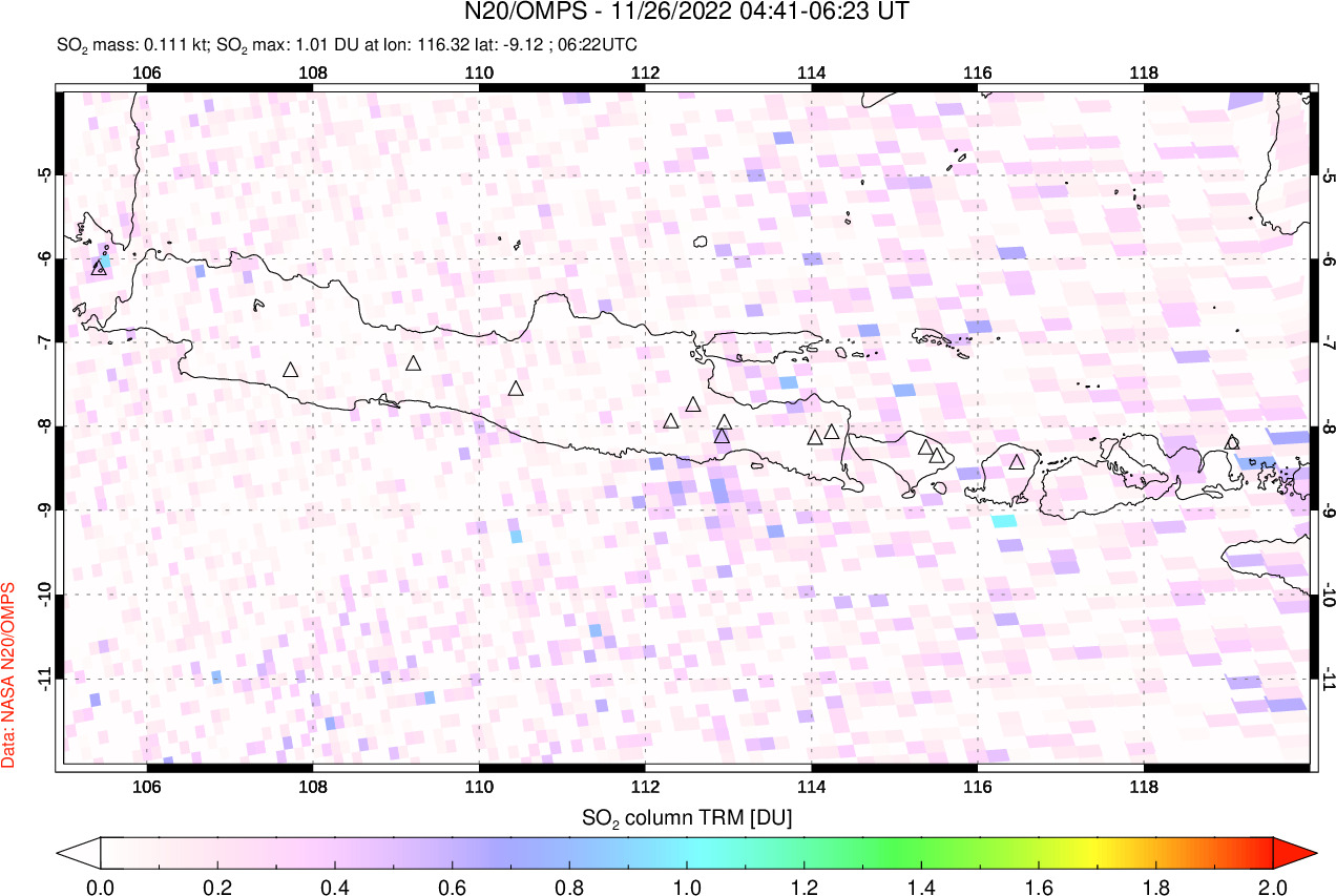 A sulfur dioxide image over Java, Indonesia on Nov 26, 2022.