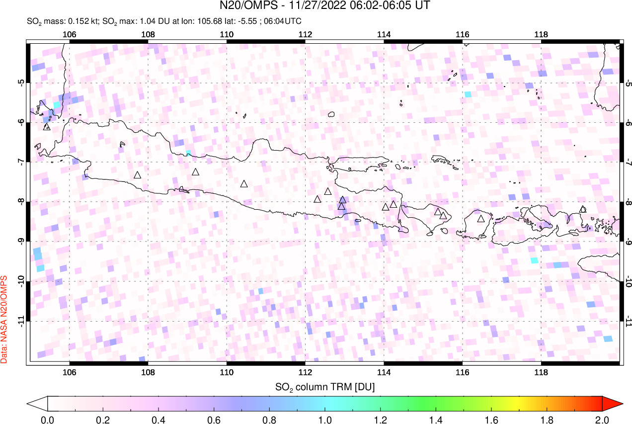 A sulfur dioxide image over Java, Indonesia on Nov 27, 2022.