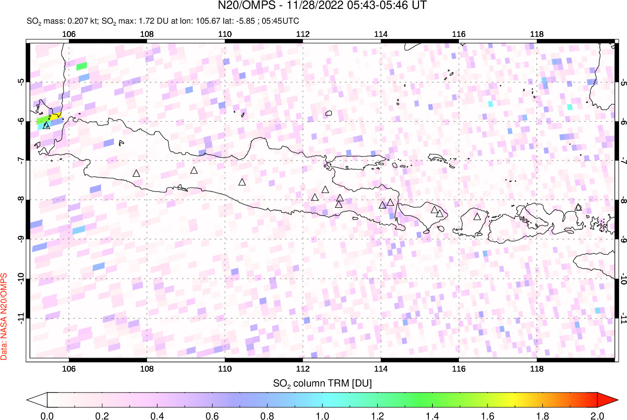 A sulfur dioxide image over Java, Indonesia on Nov 28, 2022.