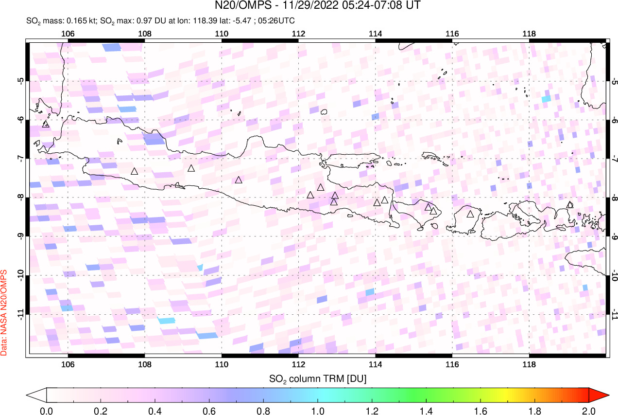 A sulfur dioxide image over Java, Indonesia on Nov 29, 2022.
