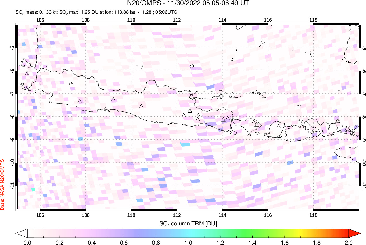 A sulfur dioxide image over Java, Indonesia on Nov 30, 2022.