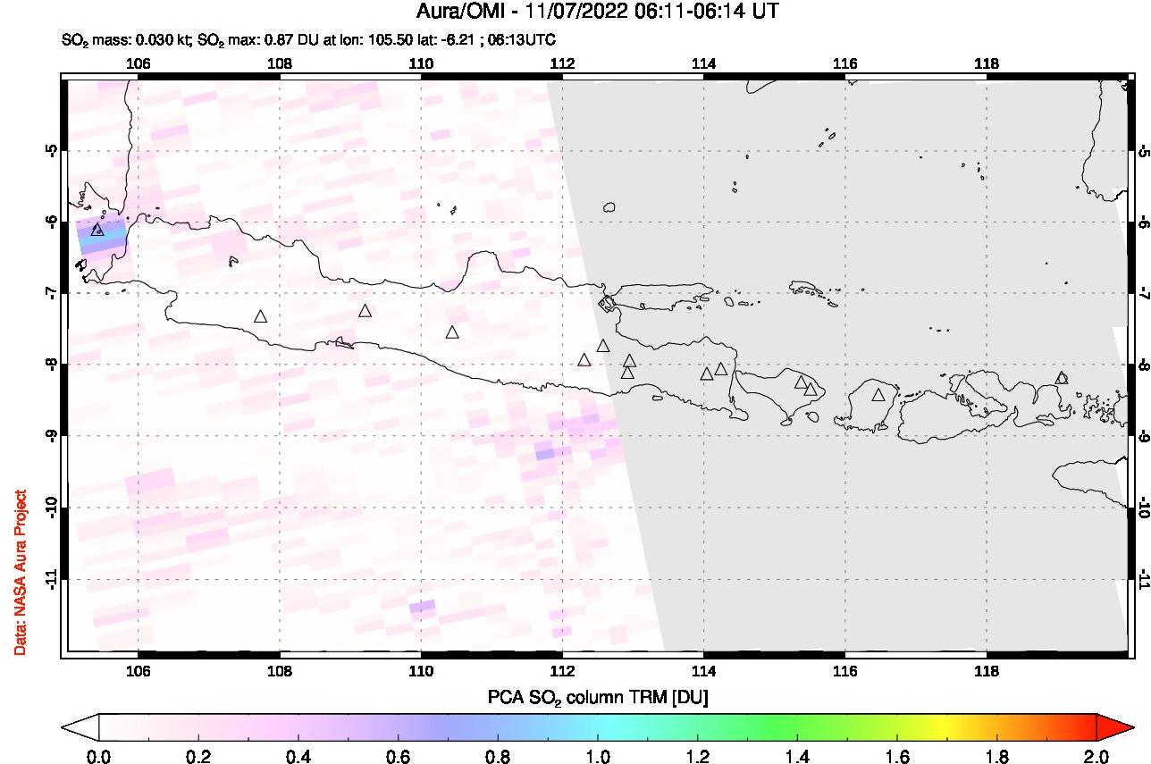 A sulfur dioxide image over Java, Indonesia on Nov 07, 2022.