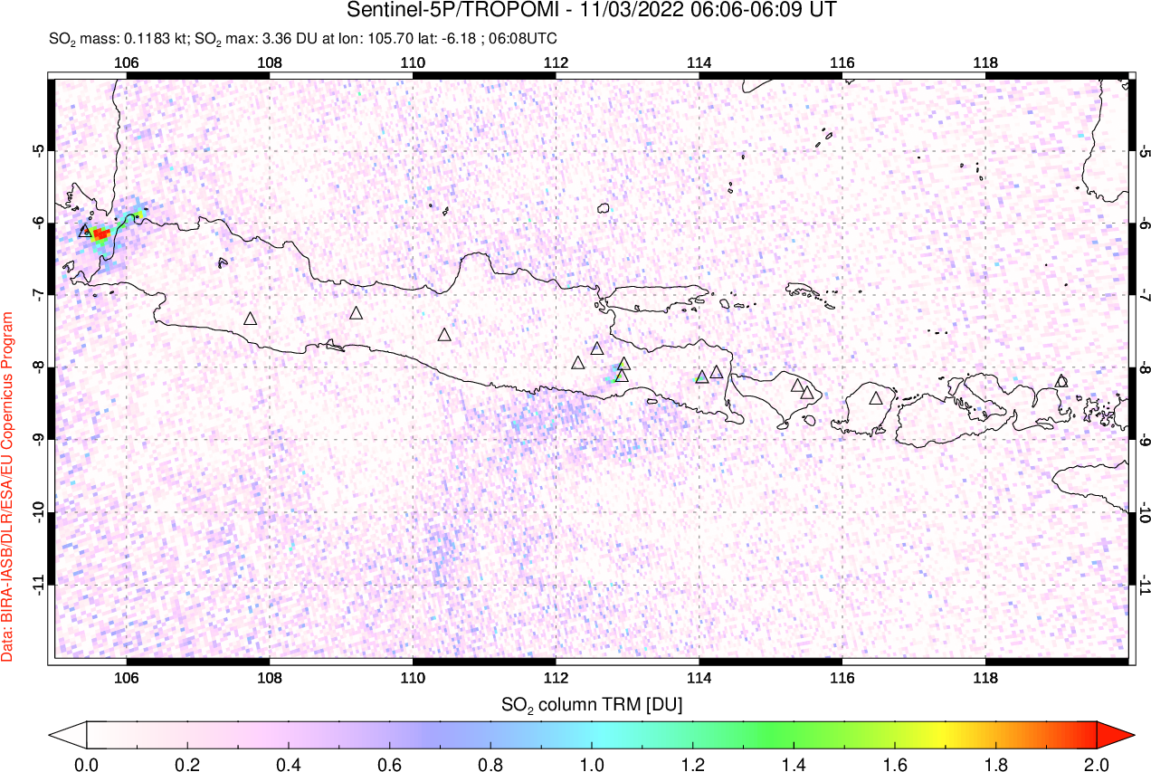 A sulfur dioxide image over Java, Indonesia on Nov 03, 2022.