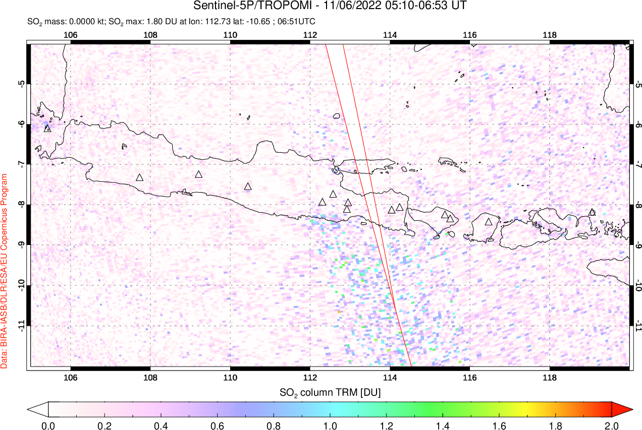 A sulfur dioxide image over Java, Indonesia on Nov 06, 2022.