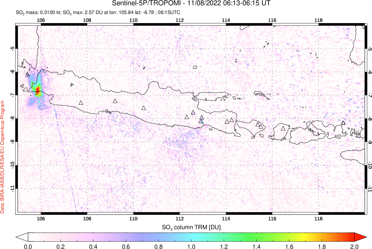 A sulfur dioxide image over Java, Indonesia on Nov 08, 2022.