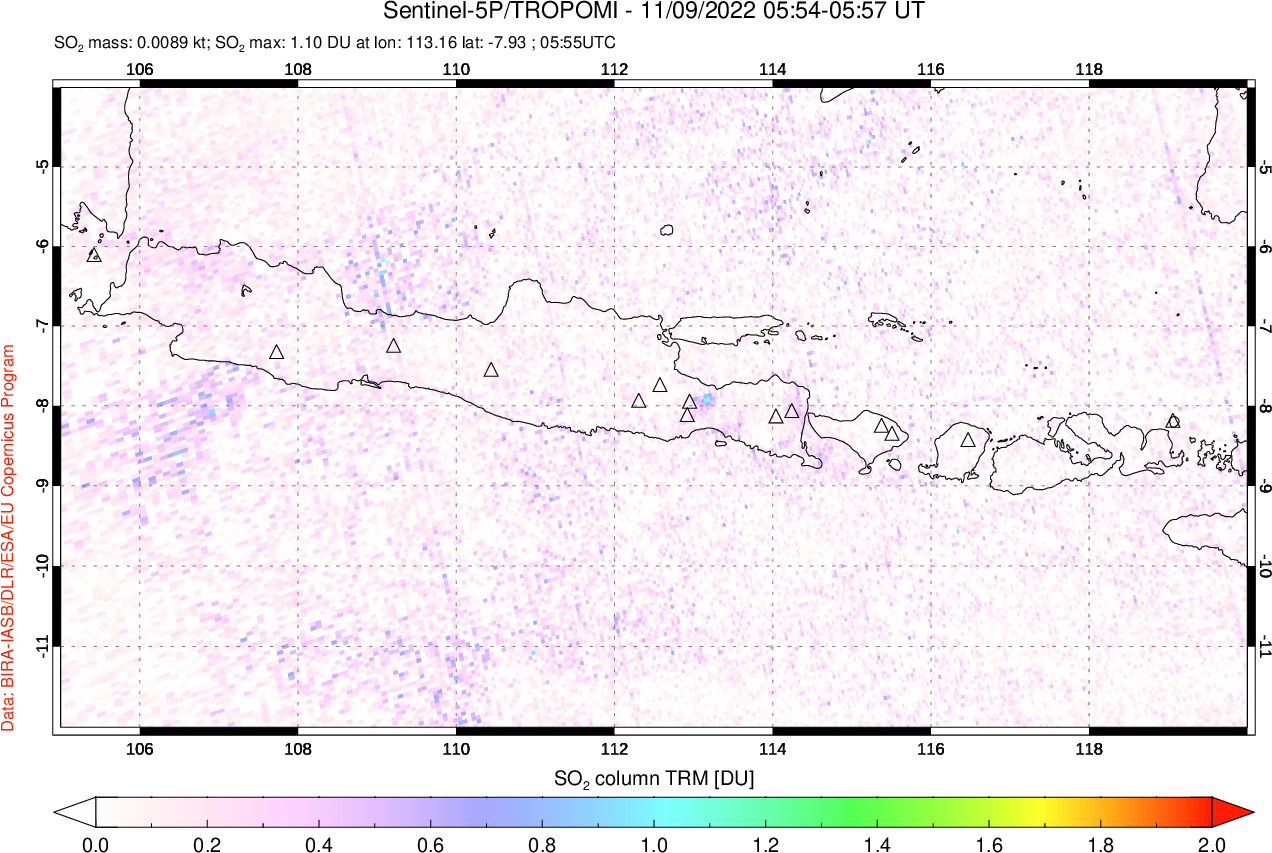A sulfur dioxide image over Java, Indonesia on Nov 09, 2022.