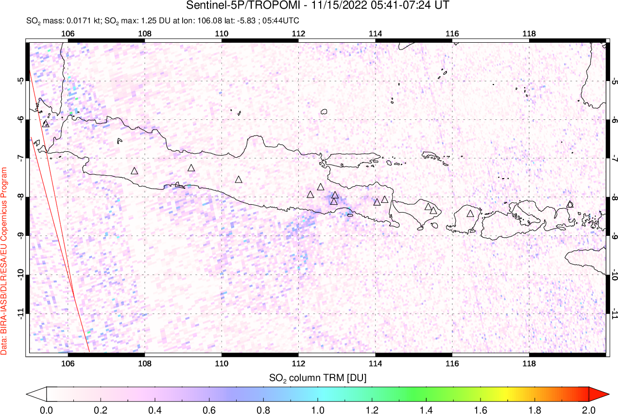 A sulfur dioxide image over Java, Indonesia on Nov 15, 2022.