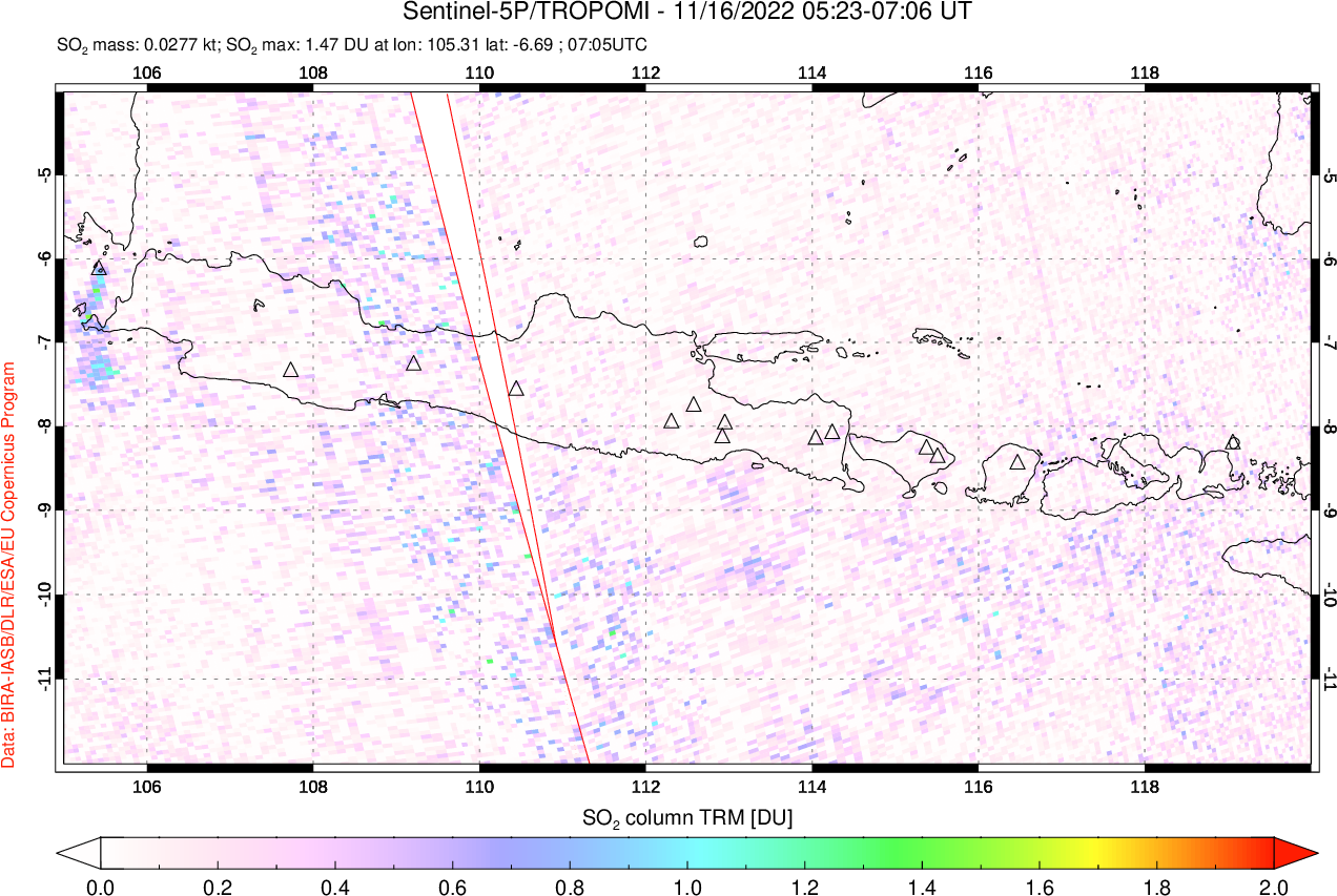 A sulfur dioxide image over Java, Indonesia on Nov 16, 2022.