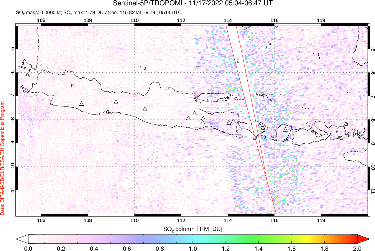 A sulfur dioxide image over Java, Indonesia on Nov 17, 2022.