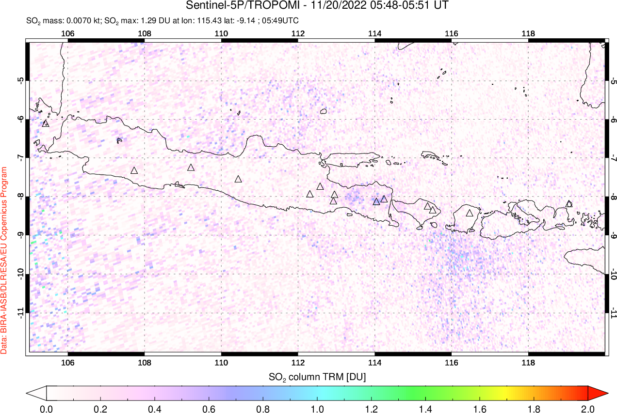 A sulfur dioxide image over Java, Indonesia on Nov 20, 2022.