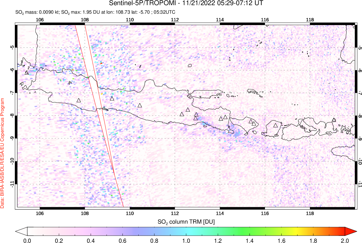 A sulfur dioxide image over Java, Indonesia on Nov 21, 2022.