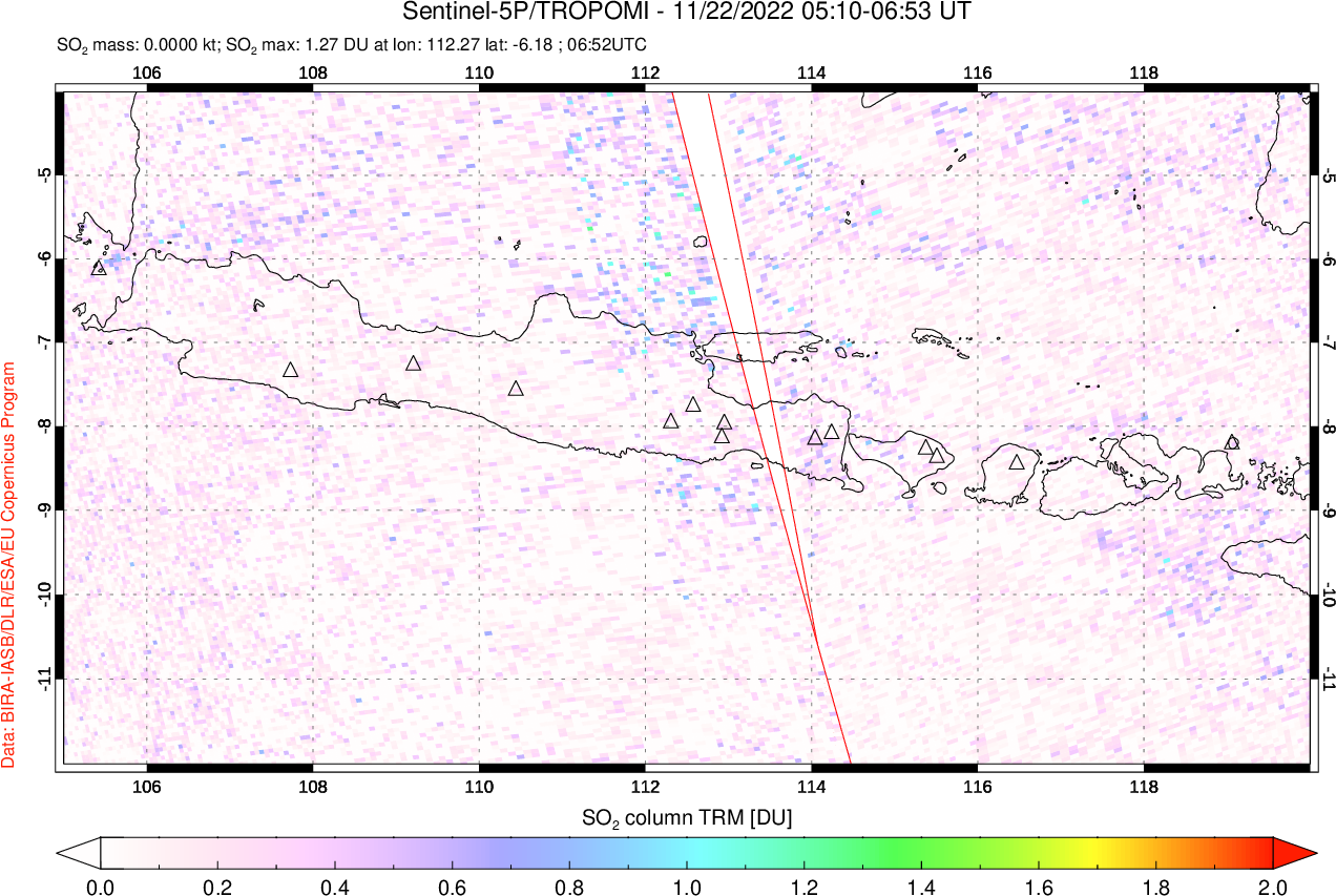 A sulfur dioxide image over Java, Indonesia on Nov 22, 2022.