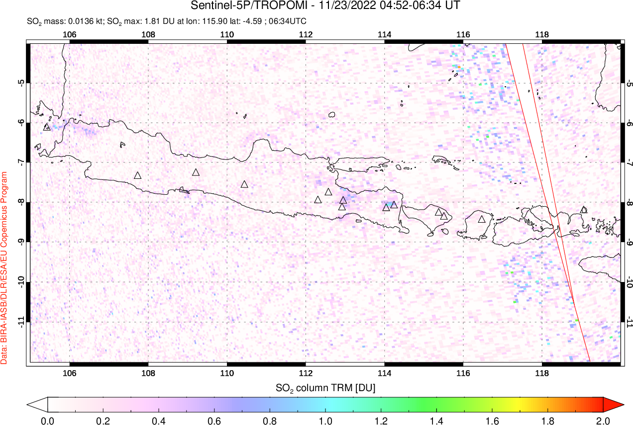 A sulfur dioxide image over Java, Indonesia on Nov 23, 2022.