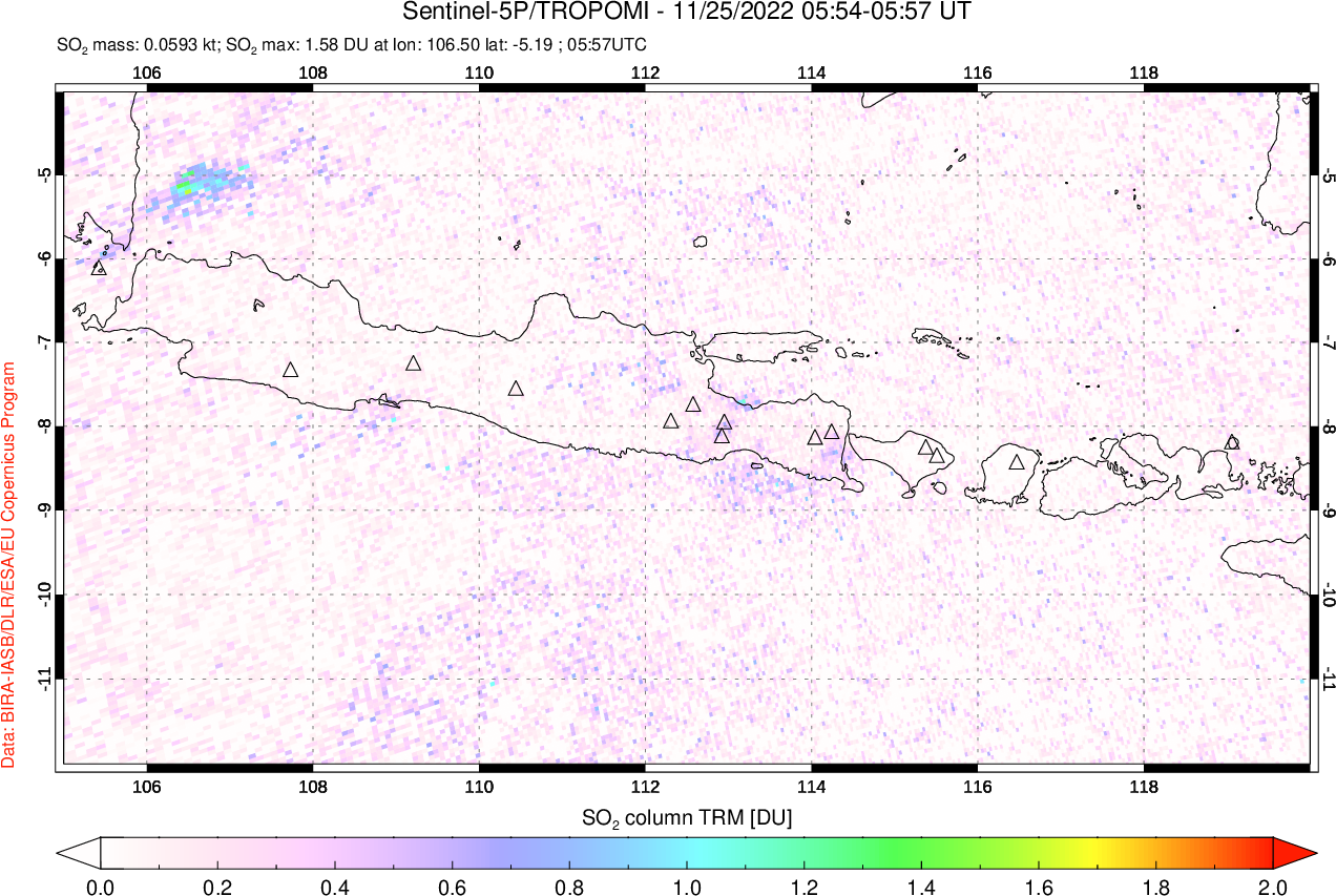 A sulfur dioxide image over Java, Indonesia on Nov 25, 2022.