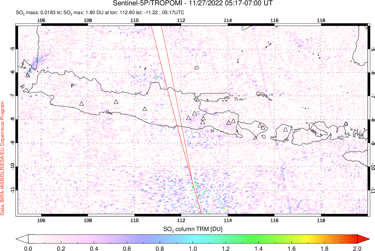 A sulfur dioxide image over Java, Indonesia on Nov 27, 2022.