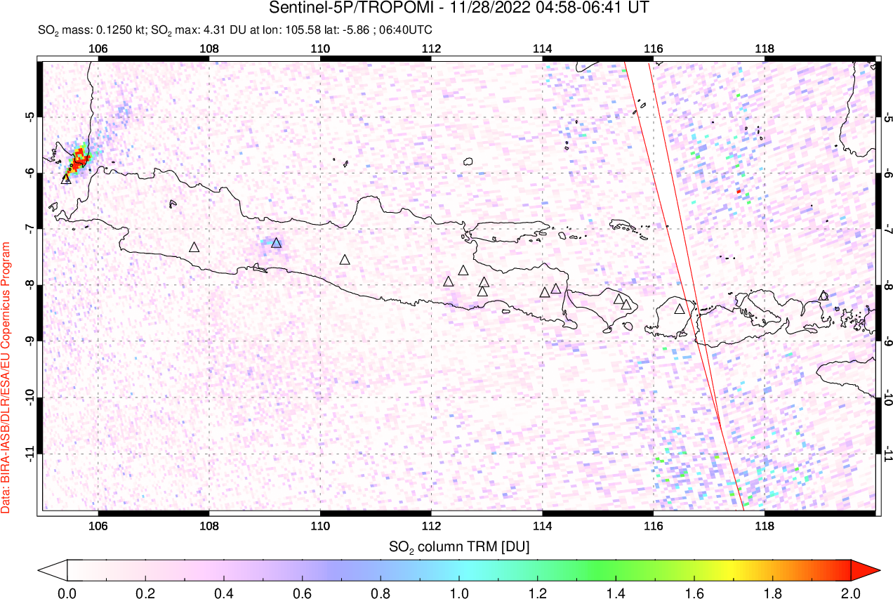 A sulfur dioxide image over Java, Indonesia on Nov 28, 2022.