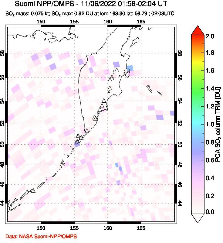 A sulfur dioxide image over Kamchatka, Russian Federation on Nov 06, 2022.