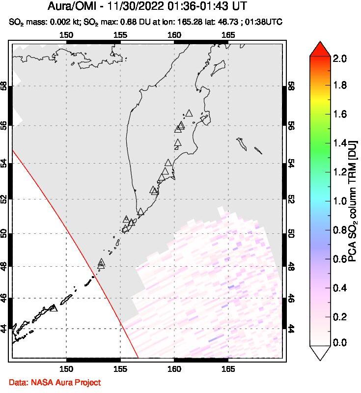 A sulfur dioxide image over Kamchatka, Russian Federation on Nov 30, 2022.