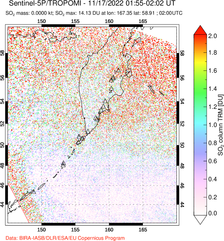 A sulfur dioxide image over Kamchatka, Russian Federation on Nov 17, 2022.