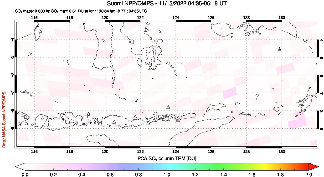 A sulfur dioxide image over Lesser Sunda Islands, Indonesia on Nov 13, 2022.