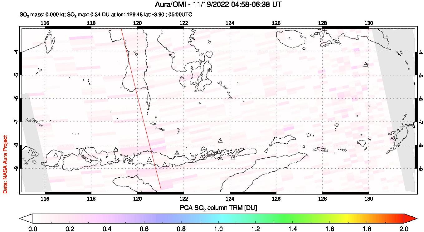 A sulfur dioxide image over Lesser Sunda Islands, Indonesia on Nov 19, 2022.
