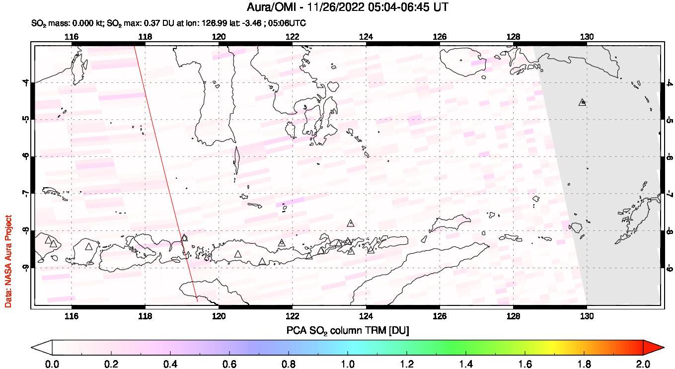 A sulfur dioxide image over Lesser Sunda Islands, Indonesia on Nov 26, 2022.