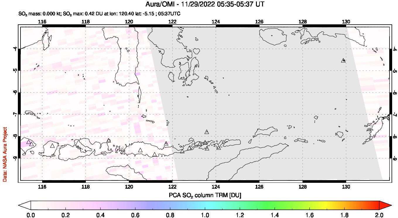 A sulfur dioxide image over Lesser Sunda Islands, Indonesia on Nov 29, 2022.