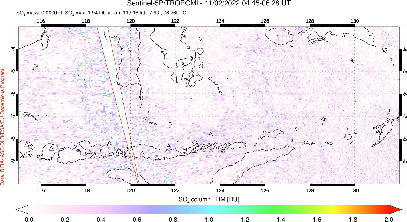 A sulfur dioxide image over Lesser Sunda Islands, Indonesia on Nov 02, 2022.