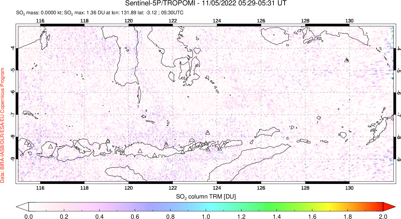 A sulfur dioxide image over Lesser Sunda Islands, Indonesia on Nov 05, 2022.