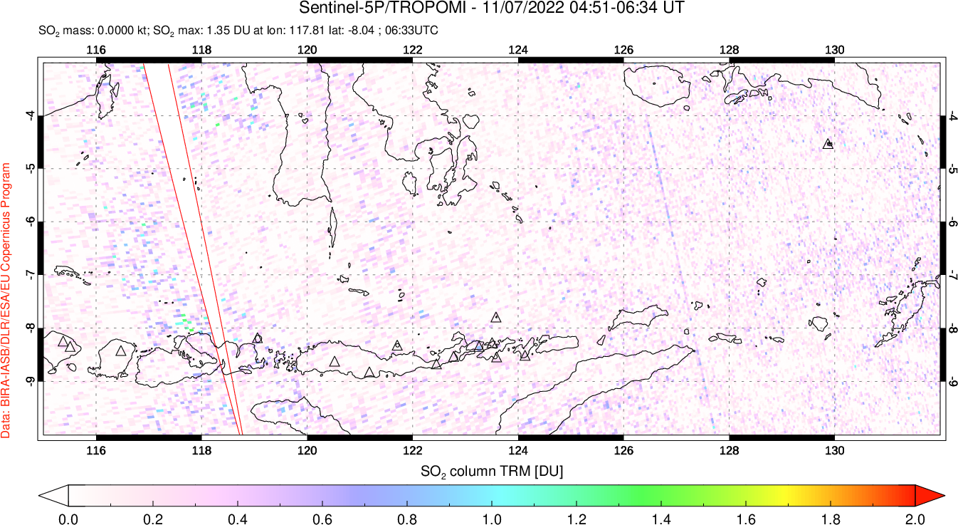 A sulfur dioxide image over Lesser Sunda Islands, Indonesia on Nov 07, 2022.