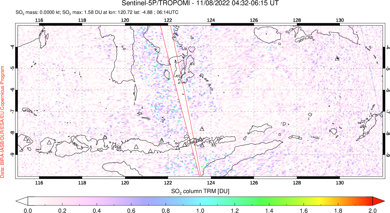 A sulfur dioxide image over Lesser Sunda Islands, Indonesia on Nov 08, 2022.