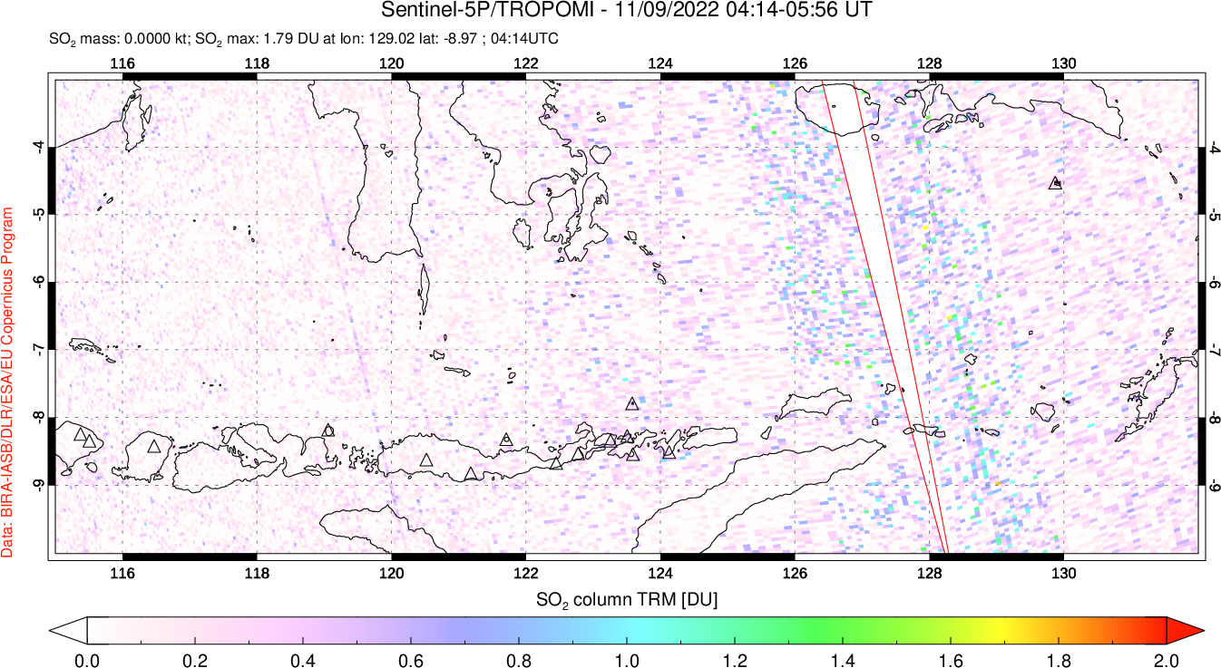 A sulfur dioxide image over Lesser Sunda Islands, Indonesia on Nov 09, 2022.