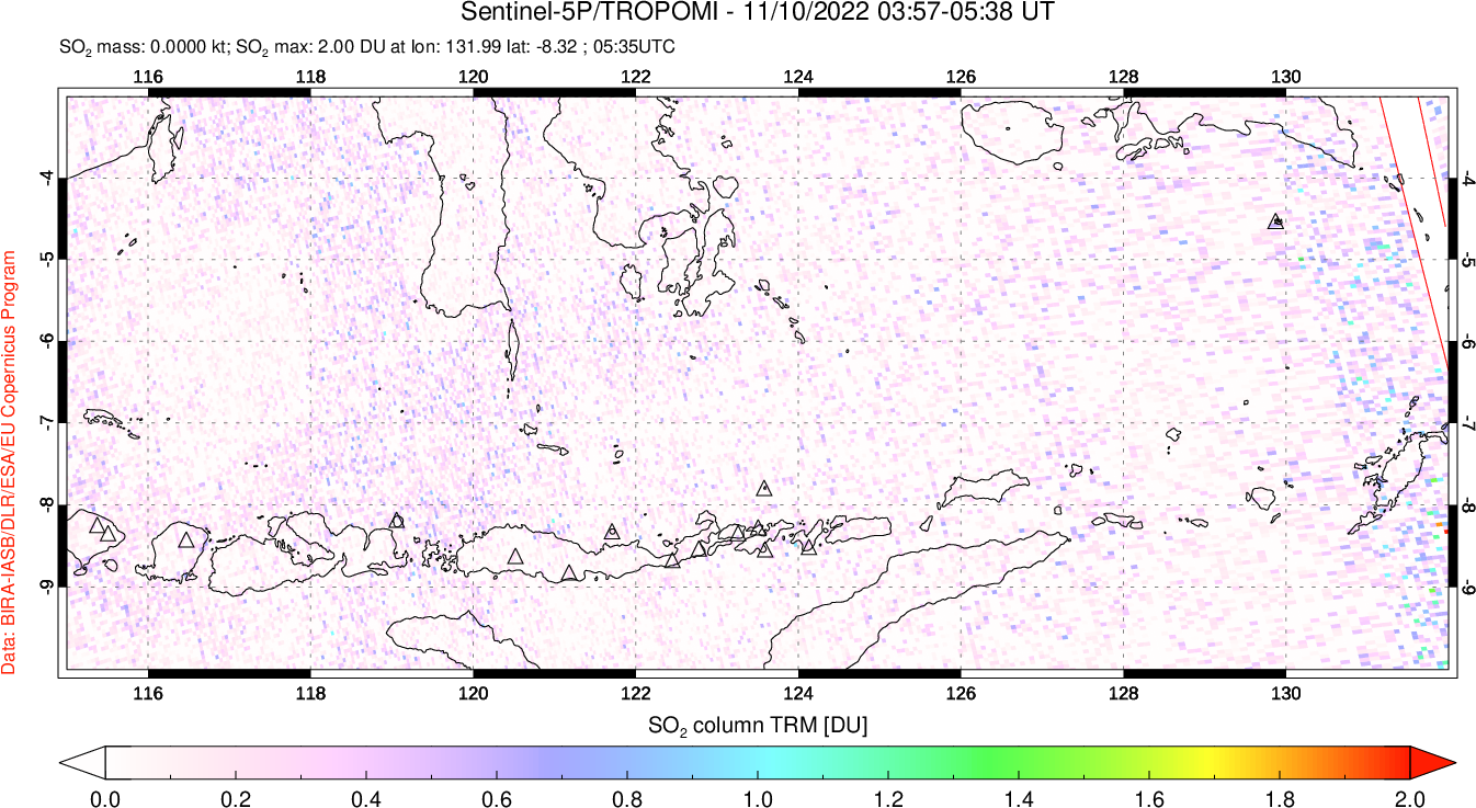 A sulfur dioxide image over Lesser Sunda Islands, Indonesia on Nov 10, 2022.