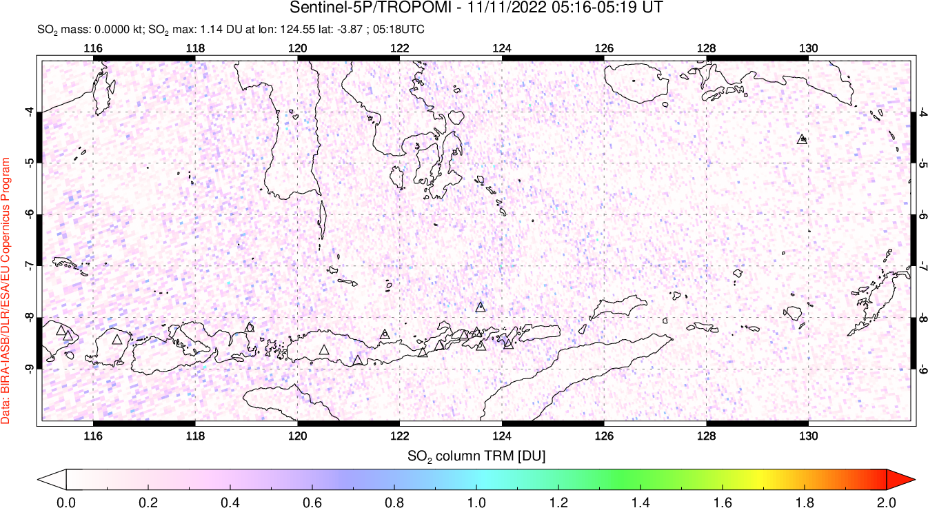 A sulfur dioxide image over Lesser Sunda Islands, Indonesia on Nov 11, 2022.