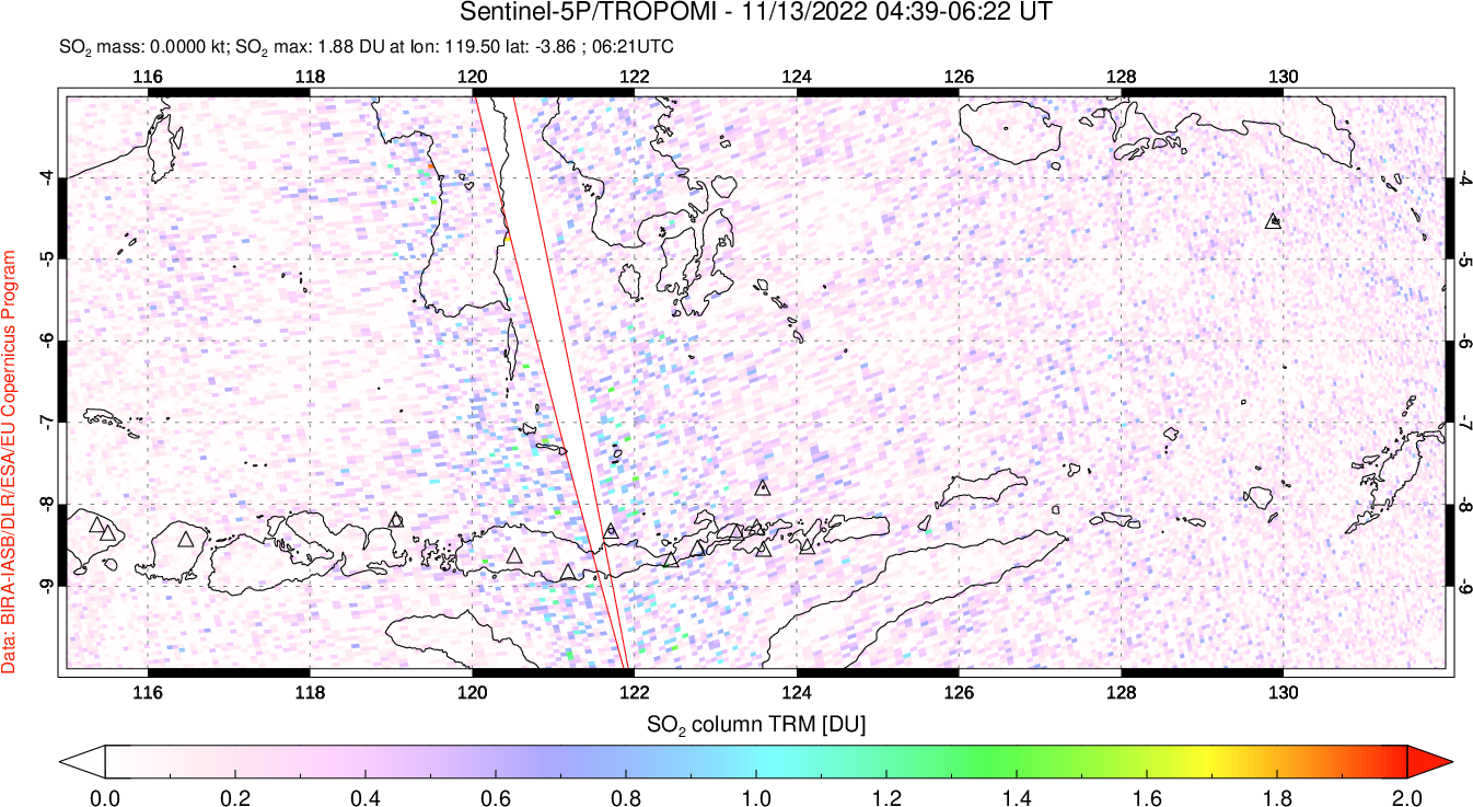 A sulfur dioxide image over Lesser Sunda Islands, Indonesia on Nov 13, 2022.