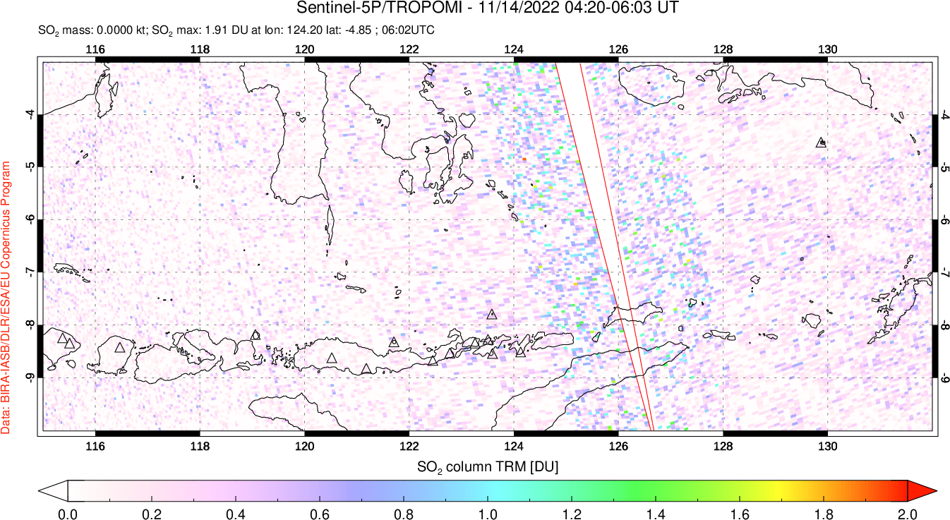A sulfur dioxide image over Lesser Sunda Islands, Indonesia on Nov 14, 2022.