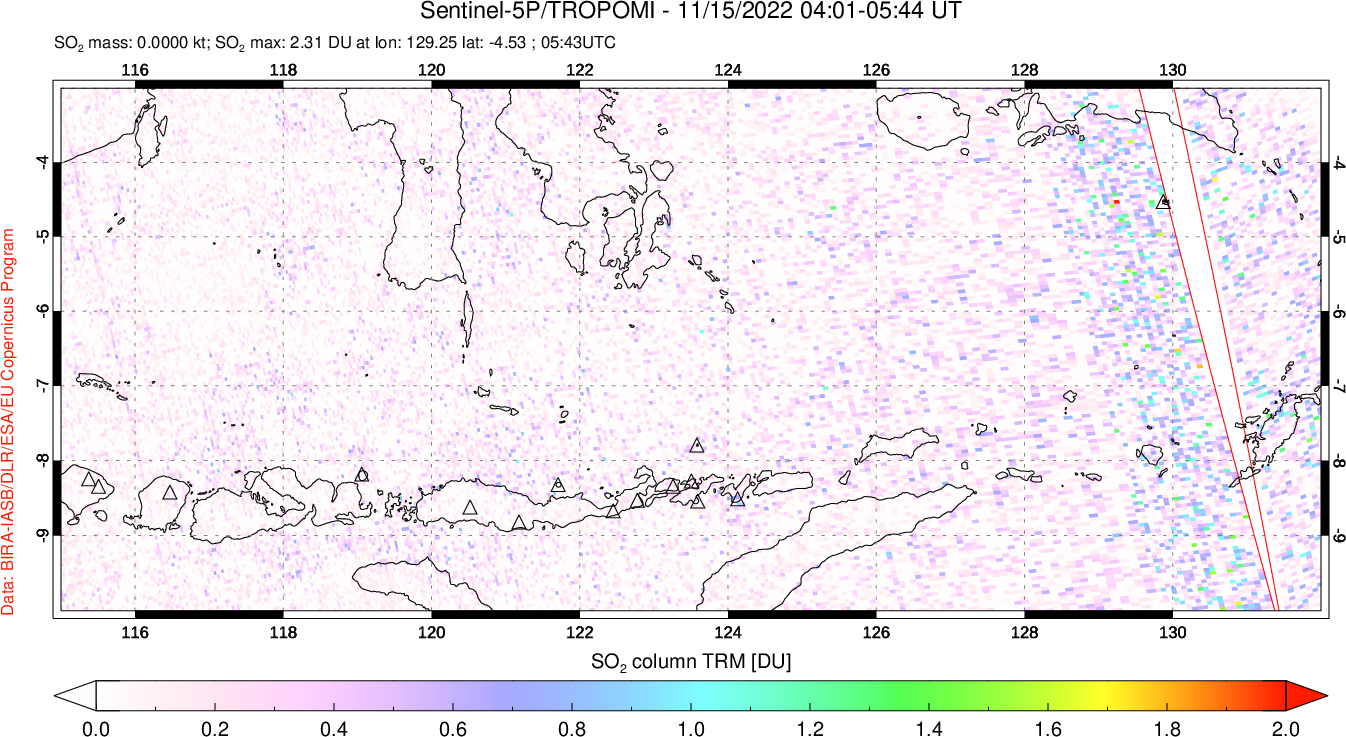 A sulfur dioxide image over Lesser Sunda Islands, Indonesia on Nov 15, 2022.