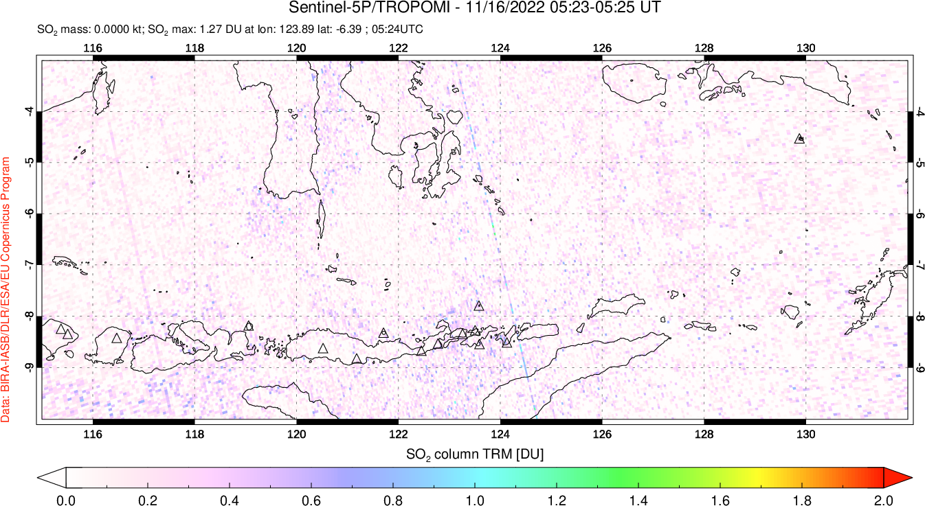 A sulfur dioxide image over Lesser Sunda Islands, Indonesia on Nov 16, 2022.