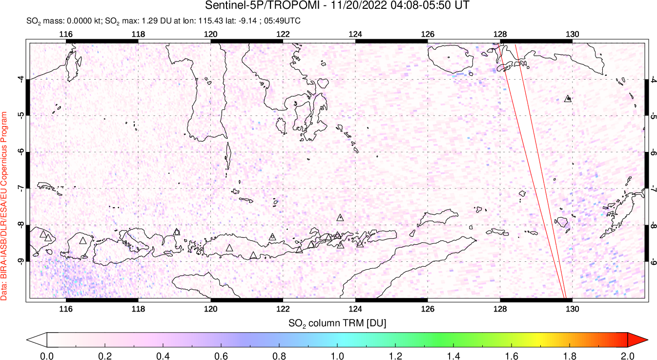 A sulfur dioxide image over Lesser Sunda Islands, Indonesia on Nov 20, 2022.