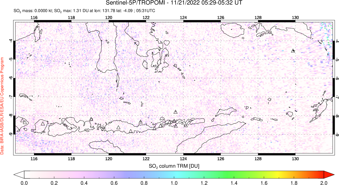 A sulfur dioxide image over Lesser Sunda Islands, Indonesia on Nov 21, 2022.